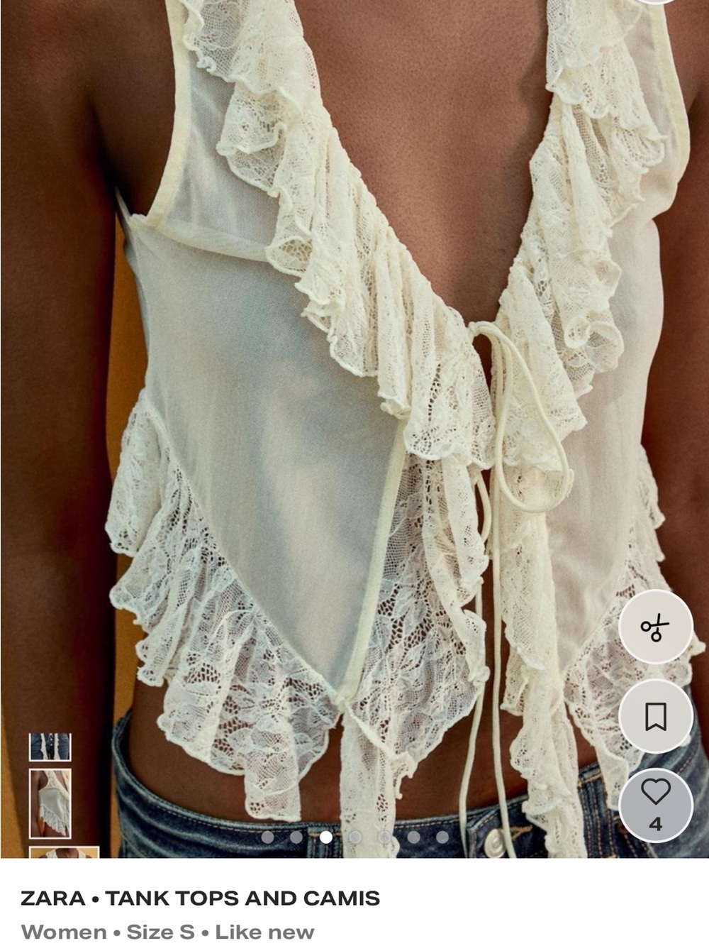 Zara Cream Lace Ruffle Tie-Front Crop Top